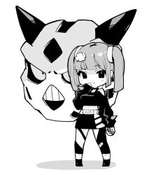 1girl 1other :3 :d artist_request bandaid bandaid_hair_ornament bare_shoulders black_skirt chibi coral_(pokemon) cropped_shirt fang full_body gen_3_pokemon glalie hair_ornament highres horns long_sleeves monochrome nintendo open_mouth pokemon pokemon_(anime) pokemon_horizons simple_background skirt sleeves_past_fingers sleeves_past_wrists smile standing twintails white_background wide_hips