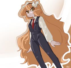 Rule 34 | 1girl, black pants, black vest, bow, brown hairband, collared shirt, cowboy shot, freckles, hair bow, hairband, ishmael (project moon), limbus company, long hair, long sleeves, looking at viewer, necktie, orange hair, pants, project moon, red necktie, shirt, simple background, solo, standing, suisei0708, very long hair, vest, white background, white bow, white shirt, yellow eyes