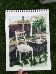 blue_sky bush chair chinese_commentary commentary_request day flower glass_table grass kong_tiao_bo_zi light_particles no_humans original outdoors painting_(medium) photo_(medium) pink_flower scenery shadow sky table traditional_media watercolor_(medium)