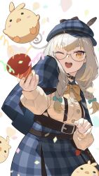 1girl absurdres bird blonde_hair blue_bow blue_capelet blue_hat blue_skirt blush_stickers bow bowtie braid buttons capelet colored_tips deerstalker hair_bow hat hat_feather heart highres indie_virtual_youtuber kanna_yanagi long_hair multicolored_hair open_mouth party_popper plaid_capelet plaid_clothes plaid_hat plaid_skirt second-party_source shirt skirt teeth twin_braids upper_teeth_only virtual_youtuber white_hair white_shirt yellow_bow yellow_bowtie yohia