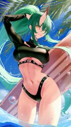 1girl absurdres aoi_tooru arknights arm_up blue_sky breasts commentary_request crop_top diving_board facial_scar green_hair hair_between_eyes highres holding holding_surfboard horns hoshiguma_(arknights) hoshiguma_(seeker)_(arknights) light_smile long_hair long_sleeves looking_at_viewer midriff navel ocean official_alternate_costume oni outdoors palm_leaf partially_submerged ponytail scar scar_on_cheek scar_on_face single_horn skin-covered_horns sky solo sparkle standing surfboard tropical underboob very_long_hair water water_drop yellow_eyes