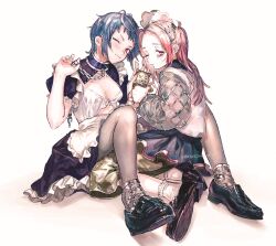 2girls artist_name black_dress black_footwear black_skirt blue_hair chain cleavage_cutout clothing_cutout commentary_request copyright_request dress grey_pants hand_up highres holding holding_microphone long_hair long_sleeves microphone multiple_girls one_eye_closed pants pink_eyes pink_hair red_eyes shadow shoes short_hair short_sleeves simple_background skirt socks ueno_zousui white_background
