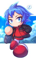 ! 1girl bag blue_eyes blue_hair chibi highres jacket jikkyou_powerful_pro_yakyuu jikkyou_powerful_pro_yakyuu_(style) looking_at_viewer motion_lines no_mouth open_clothes open_jacket parmesan_(zan_parmesanne) rayman_limbs red_shirt saeki_hajime shirt solo spoken_exclamation_mark twitter_username