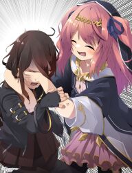 2girls absurdres anger_vein black_coat blue_ribbon blush brown_hair brown_skirt character_request coat covering_another&#039;s_eyes datemegane dress emphasis_lines fingerless_gloves gloves highres long_hair long_sleeves lorena_(shadowverse) lower_teeth_only multiple_girls open_mouth pink_dress pink_hair ribbon shadowverse shingeki_no_bahamut skirt teeth veil veins veiny_arms veiny_hands