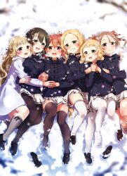 6+girls :d absurdres black_choker black_pantyhose black_shoes black_thighhighs blonde_hair blue_coat brown_eyes brown_hair choker closed_mouth coat coat_dress dress eda_udon from_above full_body green_eyes grey_socks grin highres holding_hands interlocked_fingers inubouzaki_fuu inubouzaki_itsuki kneehighs loafers long_hair lying miyoshi_karin multiple_girls nogi_sonoko on_back on_side open_mouth pantyhose red_eyes sanshuu_middle_school_uniform school_uniform shoes short_hair smile socks thighhighs tougou_mimori twintails very_long_hair white_coat white_pantyhose white_thighhighs winter_clothes winter_coat yuuki_yuuna yuuki_yuuna_wa_yuusha_de_aru yuusha_de_aru zettai_ryouiki