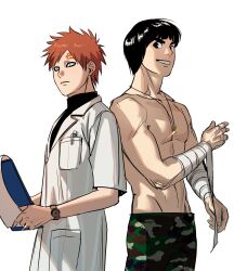 Rule 34 | 2boys, arm up, arm wrap, bandages, black eyes, black hair, black shirt, bowl cut, clipboard, closed mouth, coat, collarbone, facial tattoo, forehead tattoo, frown, gaara (naruto), green eyes, grin, groin, highres, holding, holding clipboard, jewelry, lapels, looking to the side, male focus, multiple boys, naruto (series), necklace, notched lapels, pants, parted bangs, pectorals, red hair, rock lee, shirt, short hair, sideways glance, simple background, smile, standing, tattoo, teeth, thick eyebrows, tinh daubuoi, toned, toned male, topless male, turtleneck, watch, white background, white coat, wristwatch