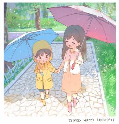 1boy 1girl :d :o aged_down black_eyes black_hair blue_shorts blue_umbrella blush boots border brother_and_sister bush buttons child closed_eyes collarbone commentary dated double-parted_bangs dress english_commentary fence full_body happy_birthday highres holding holding_hands holding_umbrella hood hood_up hooded_coat jacket long_hair long_sleeves mari_(faraway)_(omori) mari_(omori) medium_dress omori open_mouth orange_dress outdoors parted_bangs partially_unbuttoned pink_boots pink_umbrella rain raincoat rubber_boots short_hair shorts siblings side-by-side smile stone_walkway sunlight sunny_(omori) tree umbrella vi_(12930432_bsk) walking water_drop white_border white_jacket yellow_boots yellow_raincoat