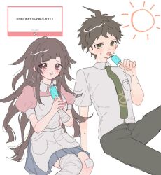 Rule 34 | 1boy, 1girl, ahoge, apron, bandaged arm, bandaged knees, bandages, bandaid, bandaid on knee, bandaid on leg, blush, breasts, brown hair, brown pants, collared shirt, danganronpa (series), danganronpa 2: goodbye despair, green necktie, highres, hinata hajime, large breasts, miniskirt, necktie, pants, pink shirt, pleated skirt, pote (pote 39), puffy short sleeves, puffy sleeves, shirt, short hair, short sleeves, sitting, skirt, sparkle, sun, translation request, tsumiki mikan, white apron, white background, white shirt