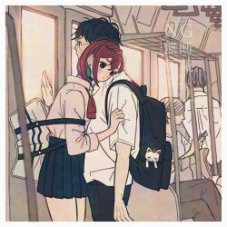 1boy 1girl ayase_momo backpack bag black_choker black_hair blue_skirt blush bow bowtie brown_hair cat choker closed_mouth collared_shirt commentary_request cowboy_shot dandadan earrings from_side glasses hair_between_eyes hand_on_another&#039;s_arm indoors jewelry k_ysd001 kami_high_school_uniform leaning_on_person loose_bowtie miniskirt people pleated_skirt profile red_bow red_bowtie round_eyewear school_uniform shirt short_hair skirt standing takakura_ken_(dandadan) train train_interior turbo_granny_(dandadan) white_shirt
