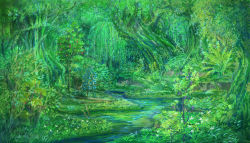 commentary flower forest grass green_theme nature no_humans original outdoors plant scenery sonidoriy stream vines water