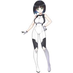 1girl black_gloves black_hair blue_hair bob_cut bodysuit breasts cleavage closed_mouth colored_inner_hair covered_navel crosshair_pupils dolphin_wave eines_(dolphin_wave) game_cg gloves green_eyes hand_on_own_hip head_tilt highres impossible_bodysuit impossible_clothes large_breasts light_blush looking_at_viewer multicolored_hair non-web_source official_art ootomo_takuji pale_skin short_hair smile solo standing transparent_background two-tone_gloves white_gloves white_wetsuit