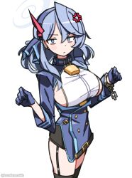 1girl absurdres ako_(blue_archive) anger_vein angry annoyed bell belt_buckle black_thighhighs blue_archive blue_collar blue_eyes blue_gloves blue_hair blue_hairband blue_halo blue_jacket blush breasts buckle buttons closed_mouth collar cowbell cowboy_shot cuffs ear_piercing earrings garter_straps gloves hair_between_eyes hair_ribbon hairband halo hands_up highres jacket jewelry large_breasts long_hair long_sleeves looking_at_viewer miniskirt neck_bell piercing red_ribbon ribbon shirt sideboob sideless_outfit sideless_shirt simple_background skirt solo stud_earrings thighhighs tsunderemaids twitter_username white_background white_shirt zettai_ryouiki