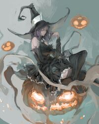 Rule 34 | 1girl, absurdres, black boots, black dress, blair (soul eater), boots, detached sleeves, dress, full body, hat, high heel boots, high heels, highres, kanji (nievart), pumpkin, purple hair, sitting, smile, solo, soul eater, thigh boots, turtleneck, turtleneck dress, witch hat