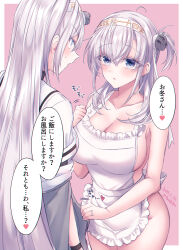 2girls apron blue_eyes blush border breasts dated fuyutsuki_(kancolle) grey_eyes grey_hair hachimaki hair_between_eyes headband heart highres jewelry kabocha_torute kantai_collection large_breasts long_hair medium_breasts multiple_girls naked_apron pink_background revision ring shinkon_santaku side_ponytail signature simple_background speech_bubble suzutsuki_(kancolle) translated twitter_username very_long_hair white_border yuri