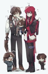 1boy 1girl antennae arthropod_limbs bandage_over_one_eye black_bag black_bow black_pants black_shoes black_vest bow brown_eyes brown_hair brown_shoes bug chibi cockroach collared_shirt facial_hair full_body g_corp._(identity)_(project_moon) gauze gauze_over_eye glasses gmno_6 gregor_(project_moon) grey_eyes hair_bow highres insect lcb_uniform_(project_moon) limbus_company long_hair long_sleeves looking_at_another low_ponytail necktie open_mouth pants ponytail project_moon red_hair red_necktie shirt shoes simple_background standing vest white_background white_shirt yuri_(project_moon)