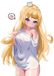 1girl absurdres arm_behind_back armpits blonde_hair blue_eyes blush bottomless breasts closed_mouth covered_navel crown embarrassed eyebrows_hidden_by_hair feet_out_of_frame hand_on_own_chest highres hime-sama_&quot;goumon&quot;_no_jikan_desu hime_(himesama_goumon) kafun_nuigurumi long_hair looking_at_viewer medium_breasts mini_crown rags shirt_slip simple_background solo speech_bubble spoken_blush very_long_hair wavy_mouth white_background