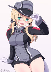 Rule 34 | 1girl, anchor hair ornament, anchor ornament, aqua eyes, black skirt, blonde hair, commentary request, gloves, grey hat, hair ornament, hat, highres, kantai collection, long hair, low twintails, microskirt, military hat, military uniform, peaked cap, prinz eugen (kancolle), simple background, sitting, skirt, smile, solo, tsukimoto reiji, twintails, white background, white gloves