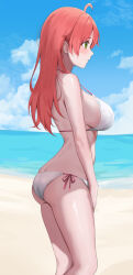 1girl ahoge alternate_costume ass back bare_arms bare_legs bare_shoulders beach bikini blue_sky breasts butt_crack cleavage closed_mouth cloud commentary_request day feet_out_of_frame from_side green_eyes hair_down halterneck haro_art highres hololive horizon large_breasts light_blush long_hair ocean outdoors pink_hair sakura_miko sand shiny_skin sideboob sky smile solo standing strap_gap swimsuit thighs virtual_youtuber water white_bikini