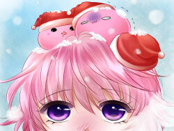 Rule 34 | 1girl, :3, arch bishop (ragnarok online), blue background, blush, commentary request, gloom (expression), hat, looking up, pink hair, poring, purple eyes, ragnarok online, red hat, santa hat, sasamuke pika, slime (creature), snow, snowing, solo