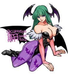 1girl animal_print bare_shoulders bat_print black_boots black_leotard blue_eyes boots breasts bridal_gauntlets cleavage clothing_cutout cutout_above_navel darkstalkers demon_girl demon_wings full_body green_hair head_wings heart_cutout high_heel_boots high_heels highleg highleg_leotard huge_breasts large_breasts leotard long_hair low_wings morrigan_aensland multiple_wings pantyhose pink_bridal_gauntlets print_pantyhose purple_pantyhose solo tokisige wings