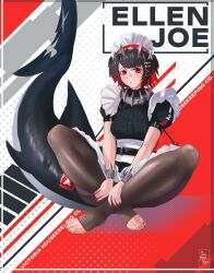 Rule 34 | 1girl, absurdres, apron, black pantyhose, blush, colored inner hair, dress, ellen joe, fins, fish tail, highres, maid, maid headdress, metal hairband, mole, mole under eye, multicolored hair, onemoreray, pantyhose, red eyes, red nails, shark girl, shark tail, spiked headband, tail, toeless legwear, white apron, zenless zone zero
