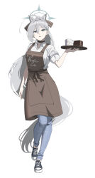 1girl absurdres animal_ear_fluff animal_ears apron black_choker black_shoes blue_archive blue_eyes brown_apron brown_ribbon chojja choker denim grey_hair hair_between_eyes hair_ribbon highres holding holding_tray jeans long_hair looking_at_viewer pants ponytail ribbon shiroko_(blue_archive) shiroko_terror_(blue_archive) shirt shoes sidelocks sleeves_rolled_up solo tray white_shirt wolf_ears wolf_girl