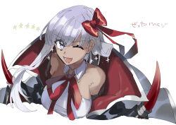 Rule 34 | 1girl, ayanolity, bb (fate), bb (swimsuit mooncancer) (fate), black jacket, bow, breasts, commentary request, fate/grand order, fate (series), hair bow, jacket, large breasts, long hair, open mouth, purple eyes, purple hair, red bow, smile, solo, star (symbol), tan, translation request, upper body
