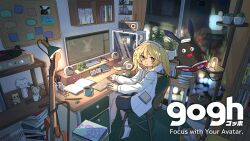 Rule 34 | 1girl, akutagawa yomuko, algae, alien, artist request, bilingual text, black eyes, black tail, blonde hair, blurry, book, book stack, bookshelf, bulletin board, cactus, chair, clock, closed mouth, coat rack, coffee, coffee mug, commentary request, computer, computer keyboard, computer mouse, contrast collar, copyright name, cork, creature, cup, curtains, depth of field, desk, dial, digital clock, double-parted bangs, dress, eraser, fangs, ficus microcarpa, floor, floral print, floral print dress, frog, g-kun, game screenshot inset, gogh: focus with your avatar, grey shorts, guitar, guitar stand, headphones, highres, hood, hood up, ika (gogh), indoors, instrument, jacket, jar, key visual, kokeshi, kuroda 42, lamp, lantern, long hair, long sleeves, looking at another, marimo, mixed-language text, monitor, mouse pad, mug, notepad, official art, on chair, open book, open clothes, open jacket, open mouth, pencil, peter pan collar, phonograph, phonograph needle, photo (object), pink dress, plant, pocket, potted plant, print dress, promotional art, radio, radio antenna, red eyes, rug, sansevieria (plant), scissors, second-party source, shadow, shelf, shirt, shorts, sleeveless, sleeveless dress, smile, socks, sofubi-chan, speaker, sticky note, stuffed animal, stuffed toy, succulent plant, tail, teddy bear, tongue, toy, trash, trash can, twintails, unzipped, vinyl record, wall shelf, white hood, white shirt, white sleeve cuffs, white sleeves, white socks, window