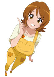 1girl alternate_breast_size breasts brown_eyes brown_hair from_above full_body grin hair_between_eyes hand_up happinesscharge_precure! jabara_tornado large_breasts medium_hair oomori_yuuko overalls pointing pointing_up precure shirt shoes smile solo white_background yellow_overalls yellow_shoes