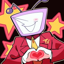 1boy ant_tenna blush_stickers colliholly commentary crt deltarune english_commentary gloves heart heart_hands jacket male_focus necktie object_head outline pointy_nose red_jacket single_blush_sticker smile solo star_(symbol) upper_body white_gloves yellow_necktie yellow_outline