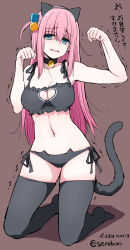 1girl alternate_costume animal_ear_hairband animal_ears bell black_bra black_collar black_panties black_thighhighs blue_eyes bocchi_the_rock! bra breasts brown_background cat_ear_panties cat_ears cat_tail clothing_cutout collar commentary cube_hair_ornament embarrassed fake_animal_ears fake_tail frilled_bra frills gotoh_hitori hair_ornament hairband half-closed_eyes heart_cutout large_breasts lingerie long_hair motion_lines neck_bell open_mouth panties paw_pose pink_hair raised_inner_eyebrows serebi_ryousangata simple_background tail thighhighs translation_request trembling twitter_username underwear