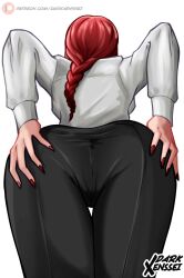 absurdres ass booty_ass_(meme) chainsaw_man darkxenssei highres huge_ass makima_(chainsaw_man) meme nail_polish office_lady red_hair shirt short_shorts shorts white_shirt wide_hips
