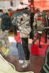 animal annie_leonhart bertolt_hoover black_hair black_jacket boots commentary_request earrings eren_yeager full_body glasses green_hair hashibira_inosuke highres hood hoodie inumaki_toge jacket jewelry jujutsu_kaisen kimetsu_no_yaiba long_hair looking_at_viewer mikasa_ackerman multiple_unit_train okkotsu_yuuta orimoto_rika panda panda_(jujutsu_kaisen) ponytail profile red_eyes red_hoodie red_scarf reiner_braun ring scarf shingeki_no_kyojin shoes short_hair single_sidelock smile smoke sneakers takeuchi_ryousuke thigh_boots train train_station_platform uzui_tengen very_long_hair white_hair zen&#039;in_maki