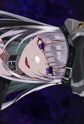Rule 34 | 1girl, absurdres, belt, belt buckle, belt collar, beret, black belt, black hat, buckle, collar, commentary, cross, cross earrings, double-parted bangs, earrings, eyeliner, grey hat, hashtag-only commentary, hat, highres, jewelry, lipstick, long hair, looking at viewer, makeup, mole, mole under eye, multiple moles, nirtea34, open mouth, pink eyeliner, pink lips, portrait, purple background, purple eyes, purple hair, rk music, smile, solo, straight-on, two-tone hat, virtual youtuber, xiden