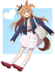 1girl :d alternate_costume animal_ears belt bow brown_belt brown_ribbon denim denim_jacket dress ear_ribbon floral_print full_body highres horse_ears horse_girl horse_tail jacket long_hair long_sleeves looking_at_viewer mary_janes mayano_top_gun_(umamusume) nel-c open_clothes open_jacket open_mouth orange_eyes orange_hair pink_dress red_shoes ribbon shoes sleeves_past_wrists smile socks solo tail two_side_up umamusume white_bag white_socks