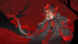 1boy absurdres black_coat black_hair coat curly_hair dante_alighieri_(fate) dante_alighieri_(third_ascension)_(fate) fate/grand_order fate_(series) glaring grey_eyes hands_on_own_face highres long_sleeves looking_at_viewer male_focus medium_hair multicolored_hair off_shoulder ransuteeki red_background red_hair red_nails robe solo tree two-tone_hair
