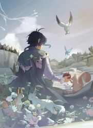 1boy ahoge aji_11300913 apple aqua_butterfly aqua_hair bird black_hair blue_sky braid building cape closed_mouth commentary_request flower food forest fox from_behind fruit genshin_impact gradient_hair green_cape highres hill holding holding_food holding_fruit light_particles male_focus medium_hair multicolored_hair nature profile river shirt sitting sky smile squirrel twin_braids twitter_username upper_body venti_(genshin_impact) vision_(genshin_impact) white_shirt
