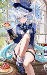 1girl ahoge ascot asymmetrical_gloves black_ascot black_gloves blue_brooch blue_eyes blue_gemstone blue_hair blue_hat blue_jacket cake chewing commentary_request cowlick drop-shaped_pupils eating food fruit furina_(genshin_impact) gem genshin_impact gloves hair_between_eyes hat highres indoors jacket kabu_usagi leg_up long_hair long_sleeves looking_at_viewer medium_hair mismatched_gloves mismatched_pupils multicolored_hair open_mouth shorts signature solo strawberry symbol-shaped_pupils top_hat translation_request twitter_username white_gloves white_hair white_shorts window
