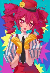 :d alternate_costume aqua_background black_necktie blue_background blush collared_shirt confetti drill_hair gloves hair_between_eyes hands_up hat head_tilt highres kasane_teto kepi long_hair looking_at_viewer mesmerizer_(vocaloid) military_hat mmiacchi necktie open_mouth pants pink_background red_eyes red_hat red_pants shirt sleeves_rolled_up smile smiley_hat_ornament star-shaped_pupils star_(symbol) striped_clothes striped_shirt suspenders symbol-shaped_pupils twin_drills utau wing_collar yellow_background yellow_gloves