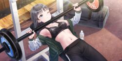 Rule 34 | 1girl, armpits, bag, barbell, bench press, black bag, black hair, black pants, black sports bra, blue reflection (series), blue reflection sun, bottle, breasts, closed mouth, collarbone, duffel bag, exercising, from above, game cg, green jacket, highres, indoors, jacket, kishida mel, long hair, long sleeves, navel, non-web source, official art, one eye closed, open clothes, open jacket, pants, purple eyes, rug, small breasts, solo, sports bra, stomach, straight hair, sweat, very sweaty, water bottle, weight bench, weightlifting, wooden floor, xiao meiqi