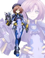 1boy absurdres beret blue_bodysuit bodysuit brown_hair commentary commission corruption covered_navel dark_persona full_body gloves gun hat highres holding holding_gun holding_weapon impossible_bodysuit impossible_clothes looking_at_viewer numbers&#039;_uniform original oshimaru026 pixiv_commission short_hair smile solo standing trap weapon white_background yellow_eyes zoom_layer