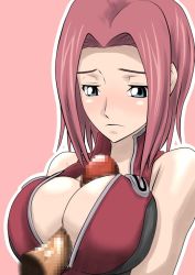 1boy 1girl bare_shoulders blue_eyes blush breasts censored cleavage code_geass hazime_makoto hetero kouzuki_kallen large_breasts long_hair paizuri penis pink_hair soujun