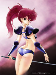 00s 1980s_(style) 1girl 2008 armor asagiri_youko ass back bad_id bad_pixiv_id bikini_armor butt_crack dated earrings female_focus genmu_senki_leda jewelry looking_back oldschool pauldrons ponytail purple_hair retro_artstyle shoulder_armor solo sword tamanegiinyo weapon