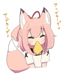 1girl :3 ^_^ absurdres animal_ear_fluff animal_ears blush closed_eyes closed_mouth commentary_request facing_viewer food_in_mouth food_request fox_ears fox_girl fox_tail hair_between_eyes hair_ribbon highres mouth_hold original pink_hair red_ribbon ribbon saisoku_no_yukkuri shirt short_sleeves simple_background solo tail translation_request upper_body white_background white_shirt