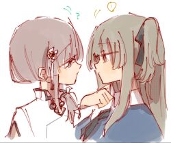 Rule 34 | ..., 2girls, ?, arm cutout, arms at sides, assault lily, black capelet, black ribbon, capelet, closed mouth, commentary, eye contact, face-to-face, flower, green eyes, hair flower, hair ornament, hair over shoulder, hair ribbon, hand up, highres, kuo shenlin, long sleeves, looking at another, motion lines, multiple girls, neck ribbon, no pupils, one side up, portrait, profile, ribbon, rui rui rui0122, school uniform, shirt, simple background, speech bubble, spoken ellipsis, tassel, tassel hair ornament, wang yujia, white background, white shirt, yellow eyes, yurigaoka girls academy school uniform