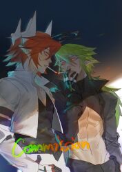 2boys abs absurdres aotu_world black_gloves black_jacket black_pants black_shirt chinese_commentary cigarette cigarette_kiss commission crop_top cropped_jacket english_text gloves glowing glowing_eyes green_hair groin hair_between_eyes halo headgear highres holding holding_cigarette jacket jewelry long_hair long_sleeves looking_at_another low_ponytail maggot92589 male_focus midriff mouth_hold multicolored_eyes multicolored_gloves multiple_boys navel open_clothes pants pectoral_cleavage pectorals pius_(aotu_world) pointy_ears ponytail red_eyes red_hair ring shade shirt short_hair skin_tight smoking stomach toned watermark white_gloves white_jacket white_pants xander_(aotu_world) yaoi yellow_eyes