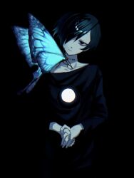 Rule 34 | 1boy, absurdres, black background, black eyes, black hair, bug, butterfly, chino (sky tanosi), commentary, cowboy shot, hair over one eye, head tilt, highres, hole on body, insect, male focus, original, own hands together, short hair, simple background, solo, stitched neck, stitches, symbol-only commentary