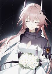 1girl absurdres arknights bouquet breasts cleavage_cutout closed_eyes clothing_cutout commentary dress flower highres holding holding_flower horns long_hair medium_breasts nishimiya_aki pink_hair solo theresa_(arknights) white_dress