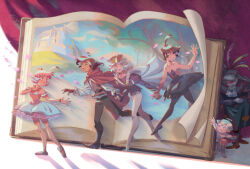 3boys 3girls ahiru_(princess_tutu) ahoge alice_(alicenpai) ballerina ballerino ballet_slippers beard black_hair crown drosselmeyer_(princess_tutu) en_pointe facial_hair fakir_(princess_tutu) footwear_ribbon gold_crown highres holding_hands jewelry multiple_boys multiple_girls mytho_(princess_tutu) prince princess_kraehe princess_tutu princess_tutu_(character) red_eyes rue_(princess_tutu) siegfried_(princess_tutu) smile tutu uzura_(princess_tutu) white_hair