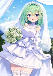 1girl artist_name bare_shoulders blue_eyes blue_sky blush bouquet breasts bridal_veil cloud commentary_request day dress elbow_gloves flower gloves green_flower green_hair hair_between_eyes hair_flower hair_ornament highres long_hair medium_breasts open_mouth original outdoors shirai_tanuki sky sleeveless sleeveless_dress solo takeda_emi thighhighs tiara veil wedding_dress white_dress white_flower white_gloves white_thighhighs white_veil